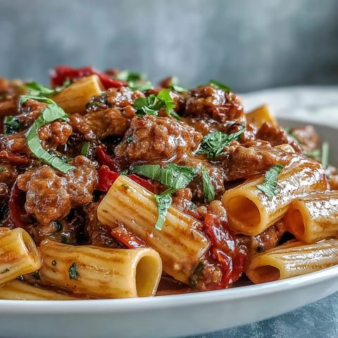 Creamy One-Pot Creamy Red Wine Sausage pasta with spicy Italian sausage in a rich red sauce.