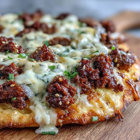 Freshly baked Cheeseburger Garlic Naan Pizzas with melted cheddar sauce and savory beef on golden naan bread.