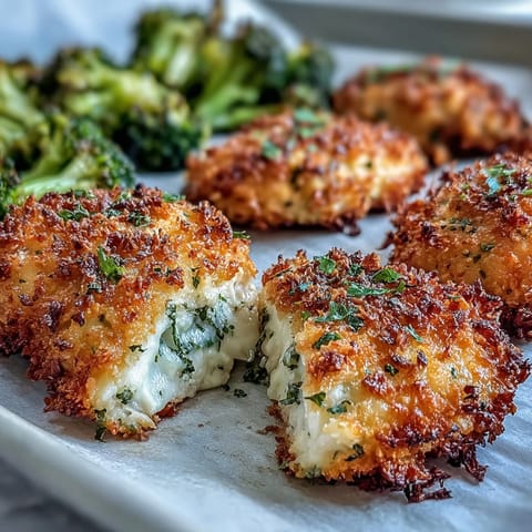 Crispy Parmesan Broccoli & Chicken Trays served hot with fresh parsley and lemon wedges for a bright finish. 