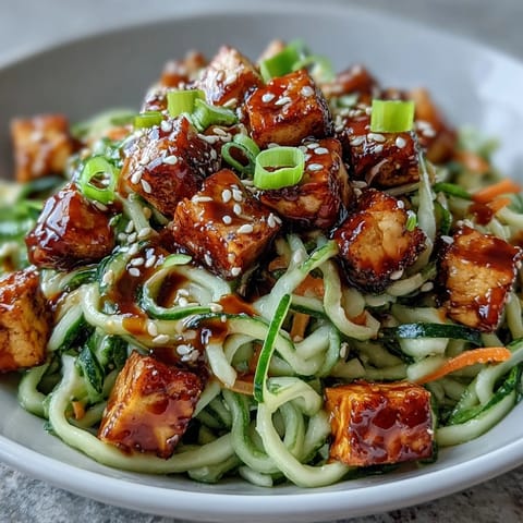 Close-up of TikTok-Style Chili Crisp Cucumber Noodle Bowls featuring golden tofu cubes and a generous chili crisp drizzle. 