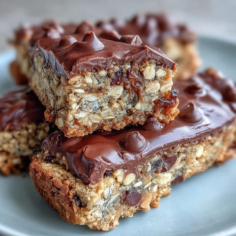 A close-up of Chunky Monkey Protein Baked Oat Bars studded with chopped walnuts and rich chocolate chunks beside a ripe banana.