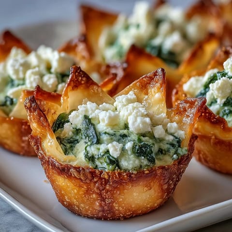 Golden, crispy baked wonton cups stuffed with a creamy spinach and feta filling, served warm on a platter.