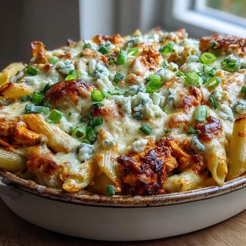 Bubbly Creamy Buffalo Ranch Chicken Pasta Bake fresh from a 375-degree oven, with golden, melty cheese and a spicy red-orange sauce coating the pasta.