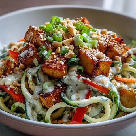 Spiralized cucumbers, crisp veggies, and cold noodles sit in a creamy dressing, ready for chili crisp drizzle.