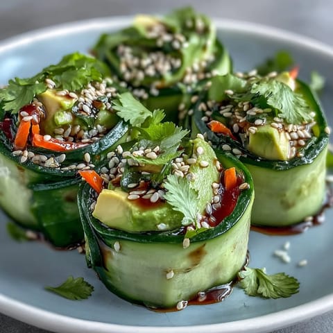 Sliced Light Cucumber Avocado Rolls with Sesame served on a white plate, garnished with fresh cilantro and optional red pepper strips.