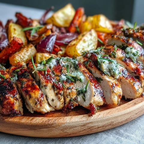Grilled herb chicken with roasted root vegetables plated with caramelized carrots and parsnips.