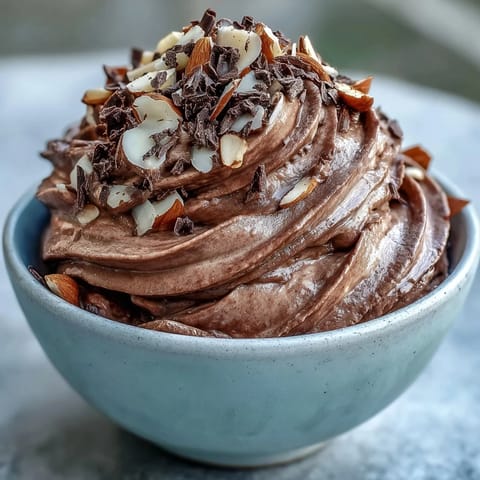 Close-up of rich vegan chocolate banana nice cream topped with chopped toasted almonds.