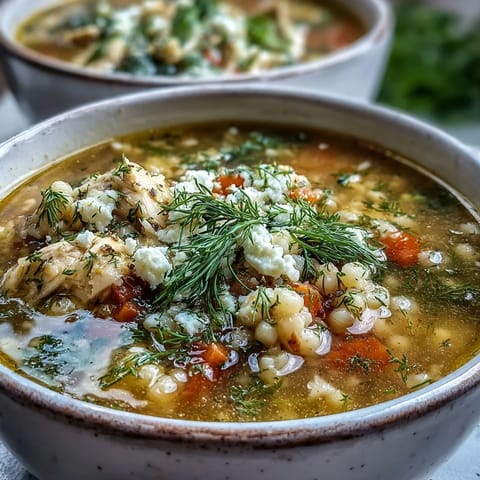 A hearty Greek Chicken & Pearl Couscous Soup served hot with lemon wedges on the side.