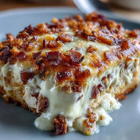 Freshly baked Keto Chicken Cordon Bleu Casserole with a golden almond flour topping, melted Swiss cheese, and chopped parsley garnish on a rustic wooden table.