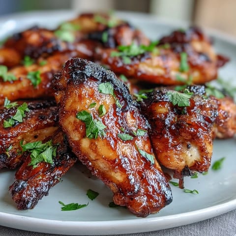 Smoky, sticky guava BBQ glazed chicken wings fresh from the oven, perfect for game day snacking or casual gatherings.  