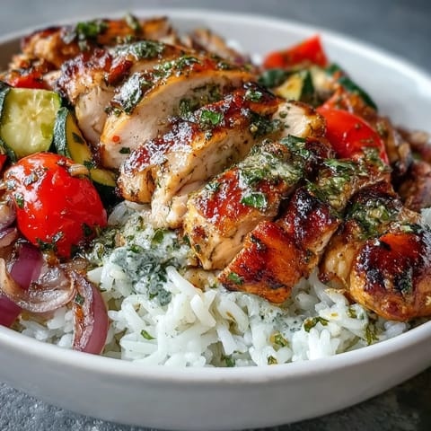 Vibrant Lemon Herb Roasted Chicken Bowl with tender chicken, fluffy rice, and colorful roasted vegetables drizzled with zesty lemon dressing.  