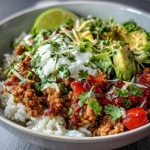 A hearty and healthy turkey taco bowl loaded with veggies, zesty taco seasoning, and creamy avocado slices over rice.  