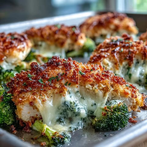 Golden roasted chicken breasts and broccoli with a crispy Parmesan-panko crust, baked on a single tray for an easy, flavorful dinner.