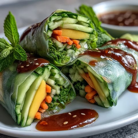 Fresh vegan spring rolls filled with ripe mango, creamy avocado, and crisp vegetables, served with zesty sweet chili sauce.  