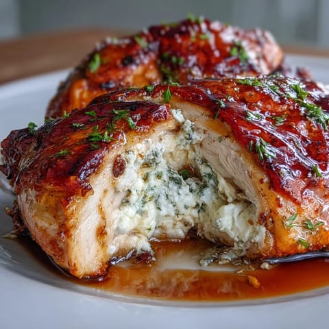 2. Juicy oven-roasted chicken breasts oozing with ricotta cheese filling, finished with a glossy hot honey glaze.  