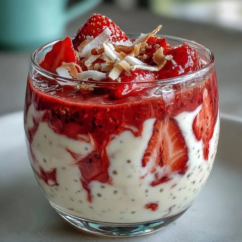 Creamy strawberry chia seed pudding with coconut milk, topped with fresh strawberries and toasted coconut flakes for a refreshing breakfast or snack.