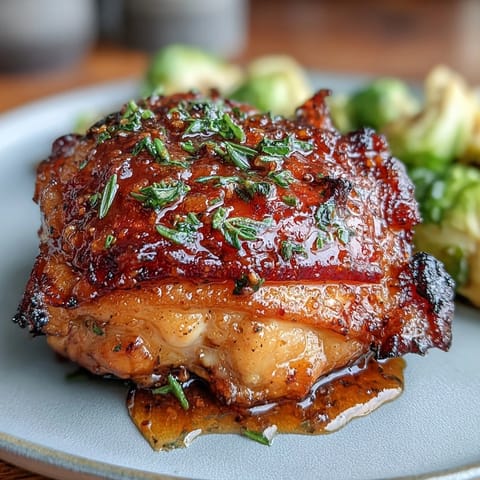 Golden honey mustard chicken thighs and roasted Brussels sprouts on a sheet pan, drizzled with tangy glaze and caramelized onions.