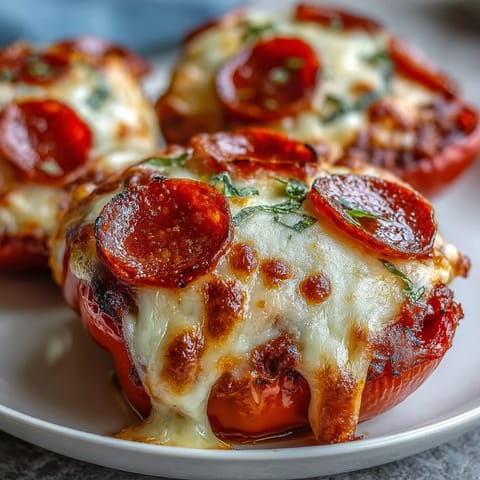 Keto Pizza Stuffed Peppers with Mozzarella and Pepperoni, baked until golden and bubbling with savory marinara and zesty pepperoni slices.  