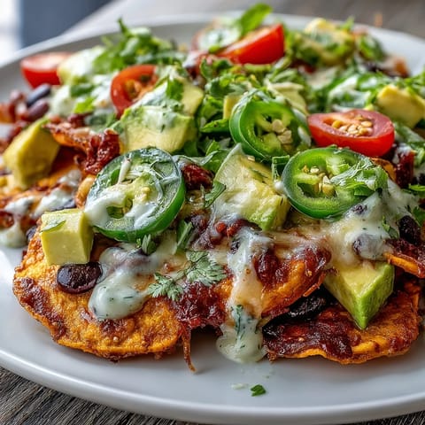 Colorful vegan nachos with roasted sweet potatoes, smoky black beans, and rich dairy-free cashew queso for a Tex-Mex appetizer.  