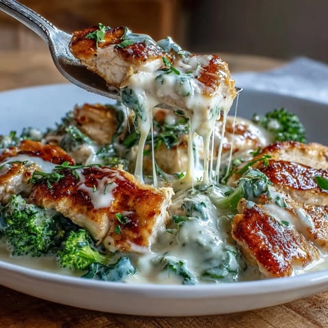 Keto Chicken Alfredo over Steamed Broccoli Pasta - creamy Parmesan sauce coats tender chicken, served on vibrant broccoli florets for a low-carb Italian classic.