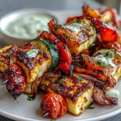Tender grilled zucchini, bell peppers, and halloumi cubes on skewers, drizzled with a refreshing herb yogurt sauce for a Mediterranean-inspired meal.