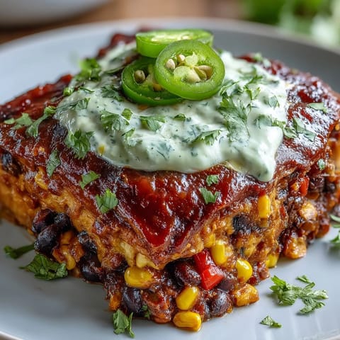 Hearty plant-based casserole featuring black beans, corn tortillas, and rich enchilada sauce, finished with avocado crema.  
