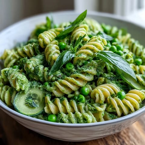 A vibrant vegan creamy green goddess pasta salad with peas and basil, packed with fresh herbs and crisp vegetables.