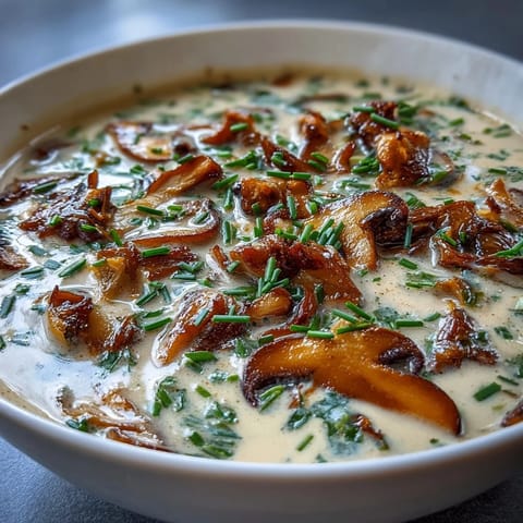 Creamy Mushroom & Cardamom Soup with a swirl of cream and fresh chives, showcasing velvety texture and aromatic spices in a cozy bowl.