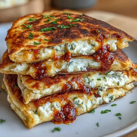 Golden crispy quesadilla filled with tangy goat cheese and sweet-spicy chili jam.