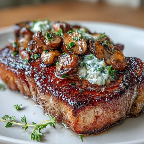Golden-brown steak glistening with wild mushroom and garlic butter, delivering a savory, earthy aroma and restaurant-quality flavor.