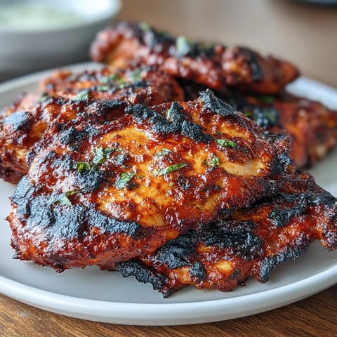 Vibrant tandoori chicken thighs marinated in spiced yogurt, roasted until smoky and charred, served with fresh lemon wedges.