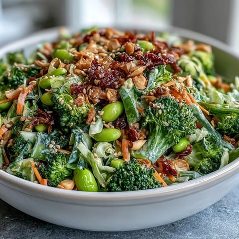 A vibrant broccoli crunch salad with fresh vegetables, edamame, and a zesty Asian-inspired dressing, perfect for meal prep.