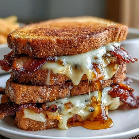 Gourmet grilled cheese with hot honey, cheddar, apple, and beef bacon on golden sourdough bread.