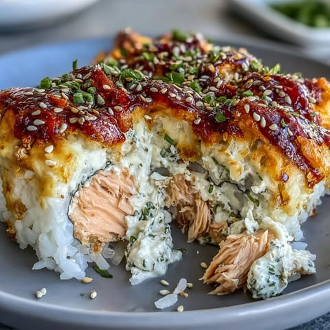 Baked salmon sushi casserole with creamy crab filling, topped with furikake and green onions, served with seaweed sheets.