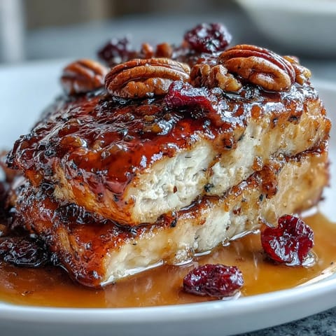A hearty bowl of maple Dijon chicken served over roasted sweet potatoes, Brussels sprouts, and brown rice, topped with pecans and cranberries.  