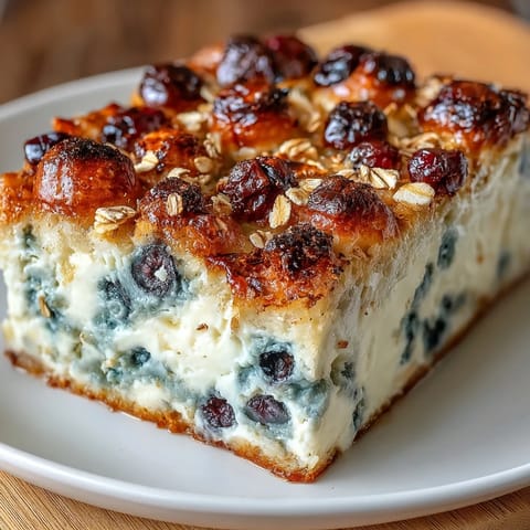 A golden, protein-rich breakfast bake with creamy cottage cheese, juicy blueberries, and warm cinnamon, perfect for a nourishing start to the day.  