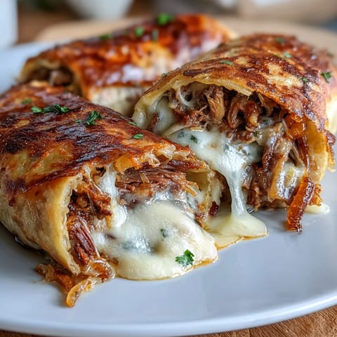 Crispy tortilla roll ups filled with roast beef, melted provolone, and crunchy fried onions, baked golden and served with warm au jus for dipping.  
