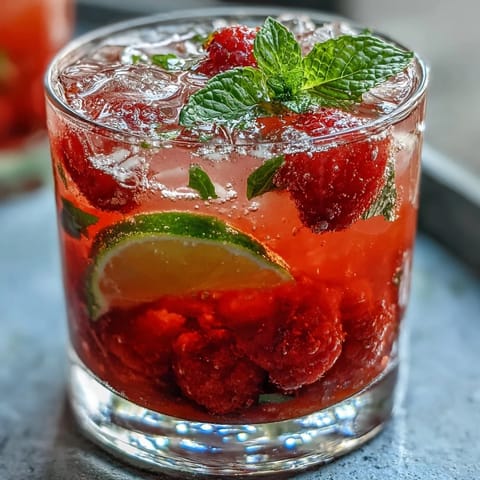 Vibrant Raspberry Lime Spritz cocktail featuring muddled raspberries, lime, and sparkling water, served over ice with a mint sprig.