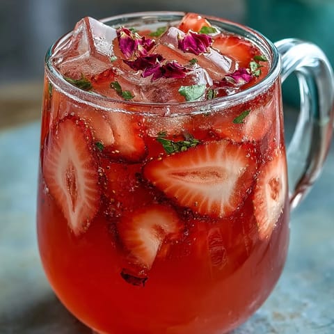 A vibrant pitcher of strawberry rose lemonade with fresh strawberry slices, lemon wheels, and edible rose petals floating on top.