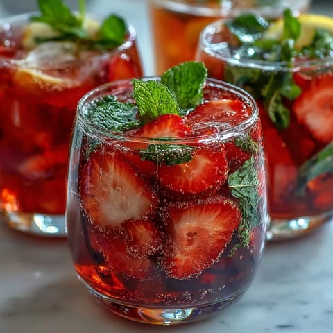 Refreshing strawberry citrus mocktail with sparkling water, garnished with lemon slices and fresh mint leaves.