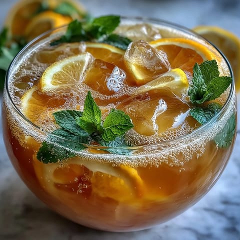Sparkling Citrus Punch with orange and lemon slices, served over ice with fresh mint in a large glass bowl.  