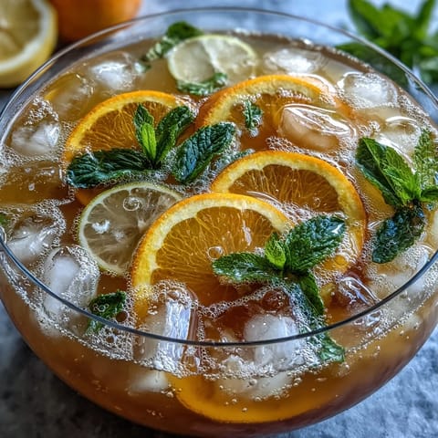 Vibrant orange and lemon slices float in a sparkling citrus punch, perfect for refreshing summer parties.  