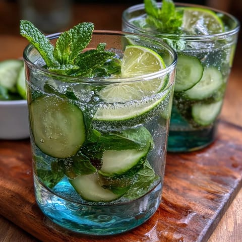Chilled cucumber and mint infused sparkling water served in a clear pitcher, garnished with fresh lime and mint sprigs.