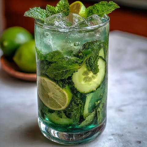 Refreshing virgin green mojito with lime, mint, and cucumber slices, served over ice in tall glasses with mint garnish.  