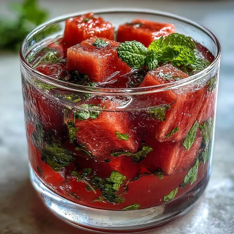 Garnished glasses of chilled watermelon mint water, perfect for brunch gatherings or summer hydration with bright, juicy flavors.  