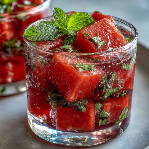 A pitcher filled with vibrant watermelon cubes and fresh mint leaves, offering a naturally sweet and refreshing infused water drink.  
