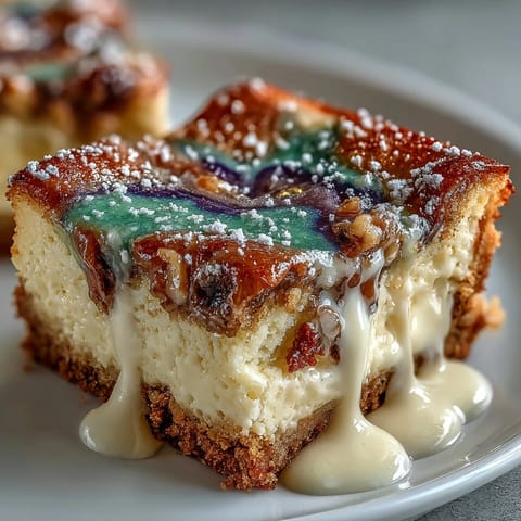 Creamy Mardi Gras-inspired cheesecake bars featuring marbled colors and a buttery cinnamon base, perfect for celebrations.  