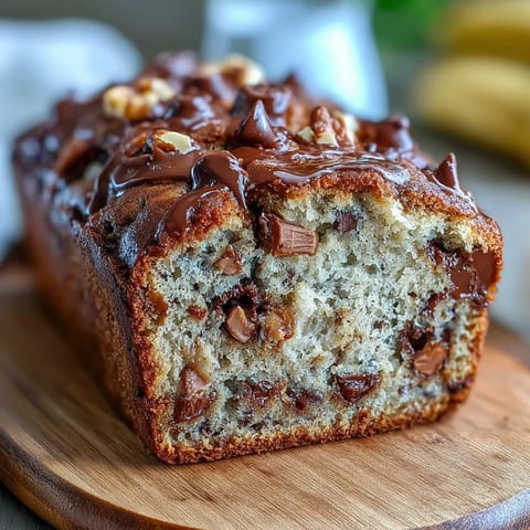 Rich, moist peanut butter cup banana bread loaded with gooey chocolate chips and swirled peanut butter, perfect for dessert lovers.