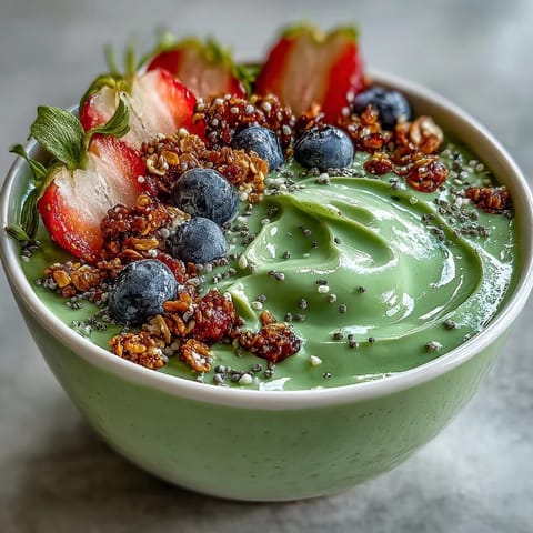 Fluffy Yogurt Matcha Latte Smoothie Bowl with fresh fruit and crunchy granola, perfect for a nourishing breakfast or snack.