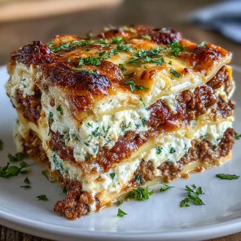 Ultimate Comfort Food Lasagna with Ricotta features rich meat sauce and creamy ricotta layered between tender noodles.
